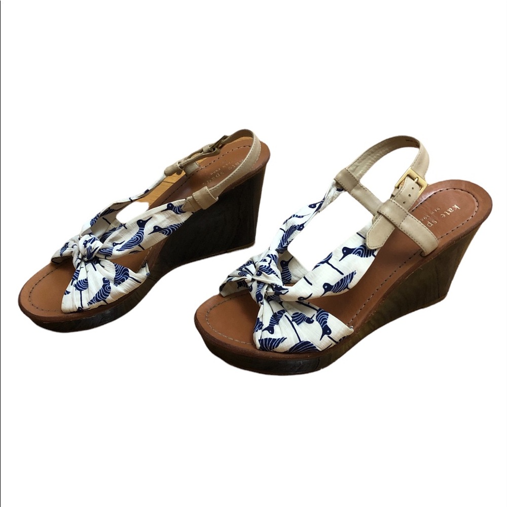 Kate Spade Blue & Cream Bird Print Fabric Slingback Platform Sandals